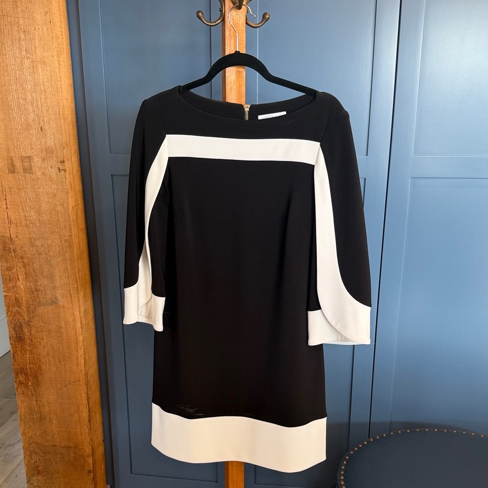 Joseph Ribkoff Black and White Long-Sleeve Shift Dress PRISTINE